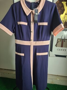 Allegra K Navy Midi Shift Dress with Blush Trim